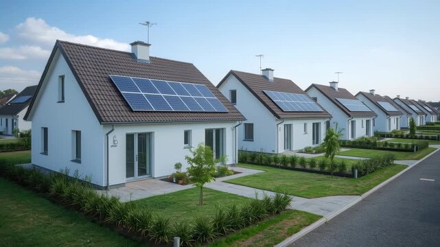 Solar Panel House in Modern Residential Neighborhood with Sunny Suburban Home