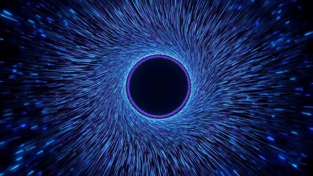 Blue Light Particle Stream Swirling Through Cosmic Vortex Into Abstract Space Galaxy Tunnel