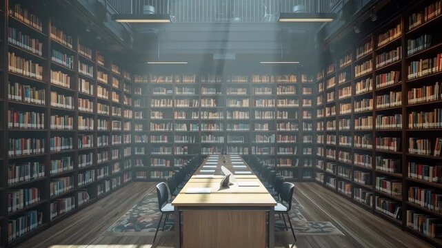 Grand Library Interior with Towering Bookshelves, Study Table, Books, and Quiet Reading Room