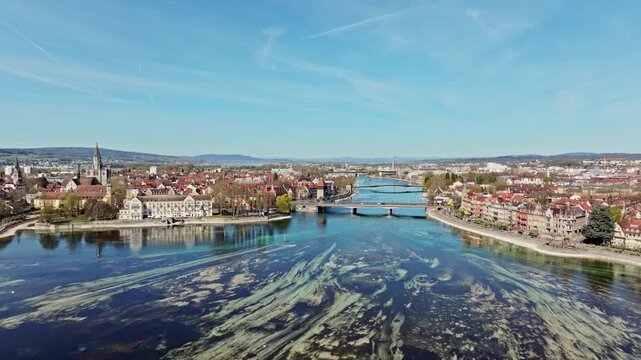 Aerial view of Lake Constance and the Seerhein including the Rhine funnel at low water with the city of Constance and the old Rhine bridge, where the Rhine officially begins at kilometre zero, distri