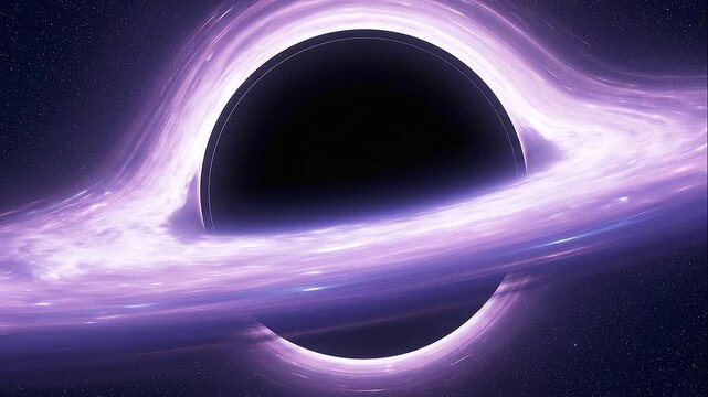 Supermassive black hole with glowing purple accretion disk in deep space   