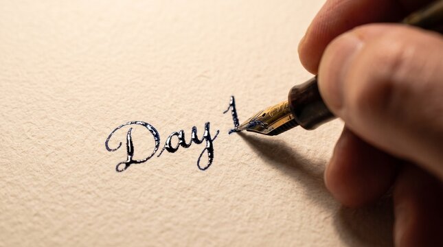 Hand writing Day 1 with a fountain pen on a textured paper. A close up shot captures the elegant calligraphy and the meticulous act of writing, symbolizing a new beginning or the start of a journey