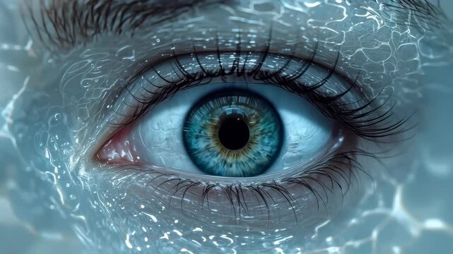 Blue Eye Underwater Closeup with Shimmering Water Reflections and Long Eyelashes Calm Aquatic Scene