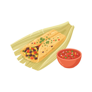 An opened corn husk holding a soft tamale filled with seasoned beans and vegetables, with a small bowl of salsa beside it.