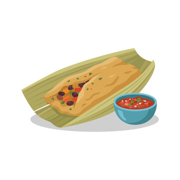 An opened corn husk holding a soft tamale filled with seasoned beans and vegetables, with a small bowl of salsa beside it.