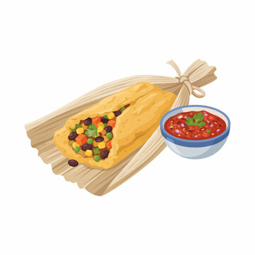 An opened corn husk holding a soft tamale filled with seasoned beans and vegetables, with a small bowl of salsa beside it.