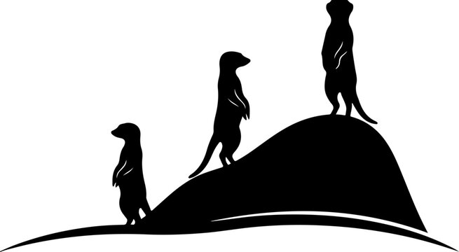 Three Meerkat Silhouettes Around Curved Desert Mound