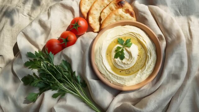 Creamy hummus dip with pita bread, tomato, and parsley, fresh Mediterranean meal served on linen