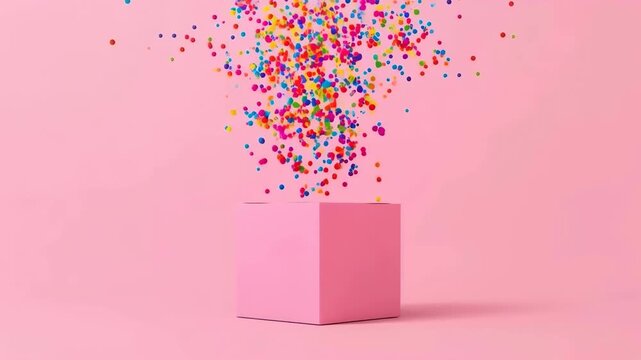Pink Gift Box With Colorful Confetti Burst, Joyful Celebration Scene on Pink Background