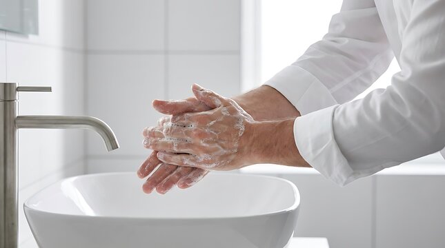 Person washing hands with soap and water in a modern bathroom sink.