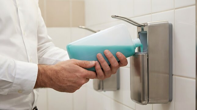 Refilling a Soap Dispenser with Blue Liquid in a Public Restroom.