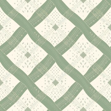 Sage green and ivory modern parang batik pattern, seamless diagonal textile ornament background