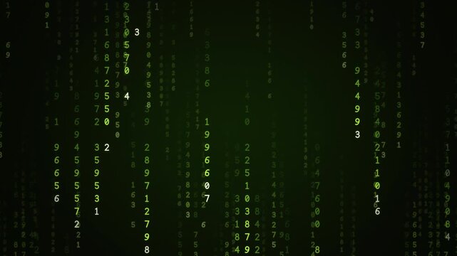 Acid lime green digital rain of falling numbers and code streams on black, neon hacker data technology background, seamless loop