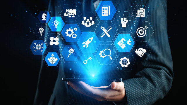 Innovation icons show creativity, teamwork, and project development. Innovation helps organizations design solutions, build strategy, and grow with new business opportunities. Gist