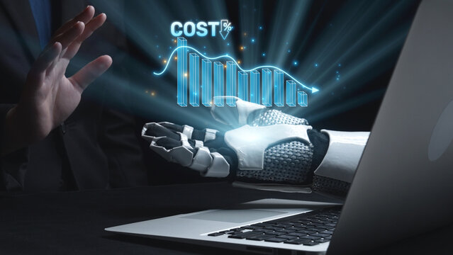 A robotic hand emerges from a laptop, symbolizing the fusion of technology and data analysis. This imagery emphasizes modern business strategies and cost management. Salient