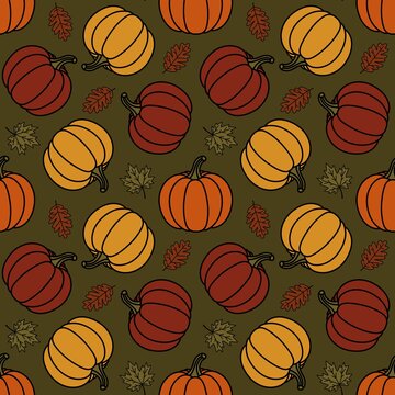 Seamless autumn pattern with pumpkins and maple and oak leaves on a dark green background.