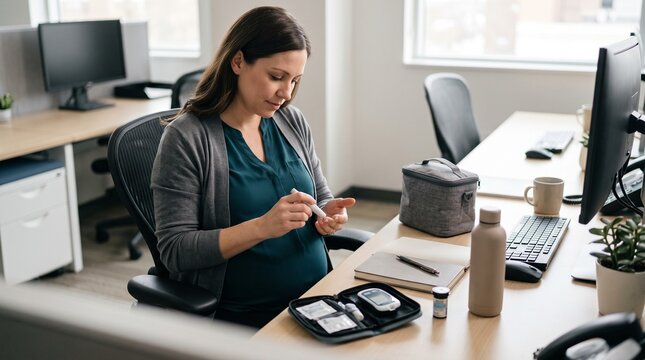 Pregnant woman managing her diabetes medication at her office desk, checking a blood glucose meter near a computer and keyboard