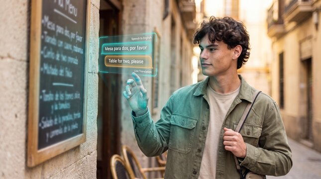 Intrigued tourist swiping holographic translation card beside chalkboard menu in historic alley