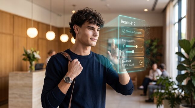 Composed guest finishing holographic hotel arrival with room controls and breakfast time in lobby