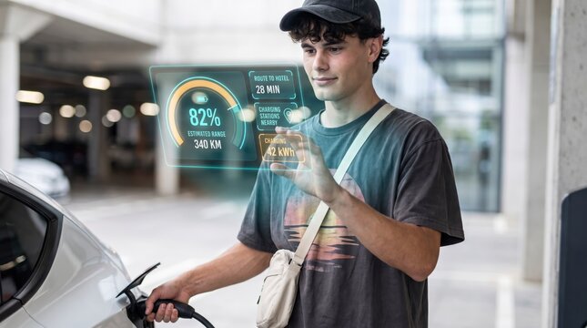Practical driver charging electric car while viewing holographic battery range and route to hotel