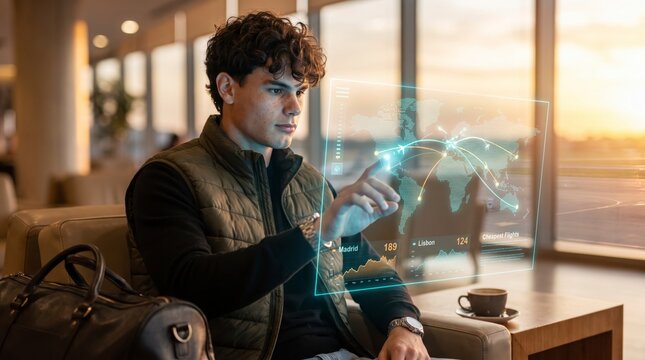 Reflective traveler comparing holographic flight routes and prices in airport lounge with coffee