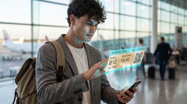 Attentive passenger scanning holographic boarding pass from smartphone in airport terminal