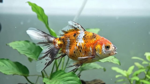 Various types of goldfish (including orange, calico patterned, and black telescope goldfish) swimming gracefully in a clean glass aquarium decorated with aquatic plants, pebbles, and air bubbles.