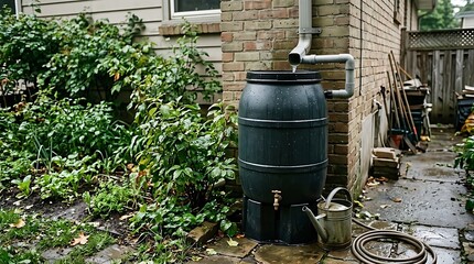 Obraz premium Rainwater collection barrel system attached to brick house roof