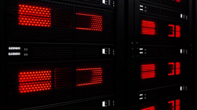 整然と立ち並ぶサーバーラックの表面で無数に点滅する赤色インジケーターランプと精密なメカニック構造の近接描写