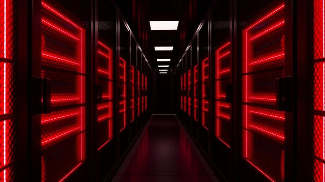 中央通路の両脇に規則正しく設置された黒いサーバーラックと輝く赤いLEDライトの美しい質感とディテール
