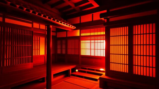 木造建築の格子窓から漏れ出る温かな光と足元を照らす和風照明が演出する伝統的住居の温もり溢れるディテール