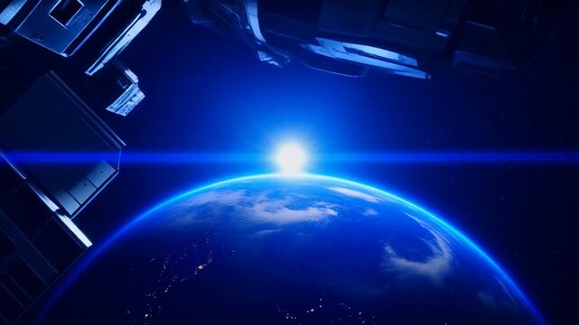 地球を背に光を浴びて軌道上を旋回する人工衛星の壮大で荘厳なSF映画的シーン