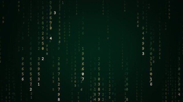Emerald green and gold digital rain of falling numbers and code streams, luxury data technology background, seamless loop