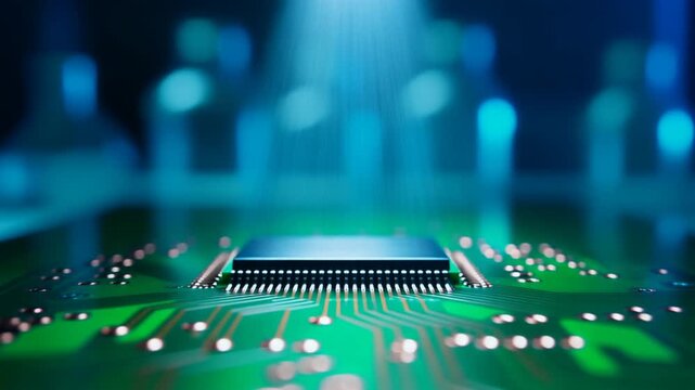 光と影が交差し緑の電子回路基板とマイクロチップを浮き彫りにするラボの一角の重厚で洗練された一瞬