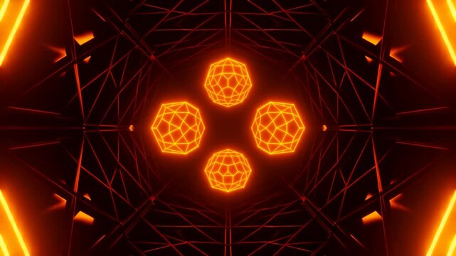 漆黒の空間で金の光を散りばめながら幾何学的に組み上げられた複雑な立体ネットワーク構造体の全容