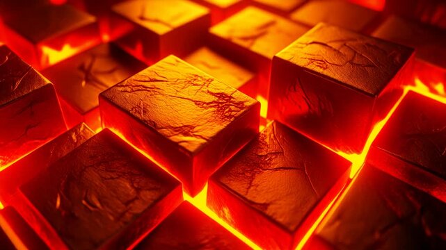 高熱の光線で強固に連結された摩耗感のある金色金属キューブが放つ高エネルギーの圧倒的質感が迫る瞬間