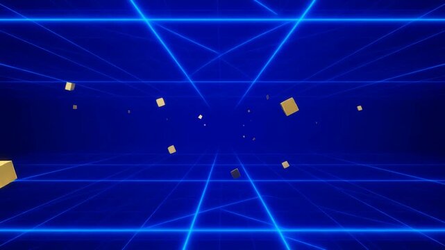 濃紺のデジタル空間を交差する光のレーザーと浮遊する金の立方体が示す次元を超えた超高速データ通信