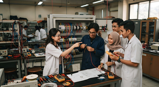 Engineering students collaborating on electrical project in laboratory.