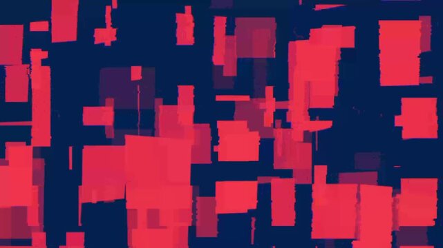 Blue backdrop features scattered pink rectangles forming a chaotic pixelinspired geometric pattern, suitable for modern posters, digital backgrounds, and creative branding.
