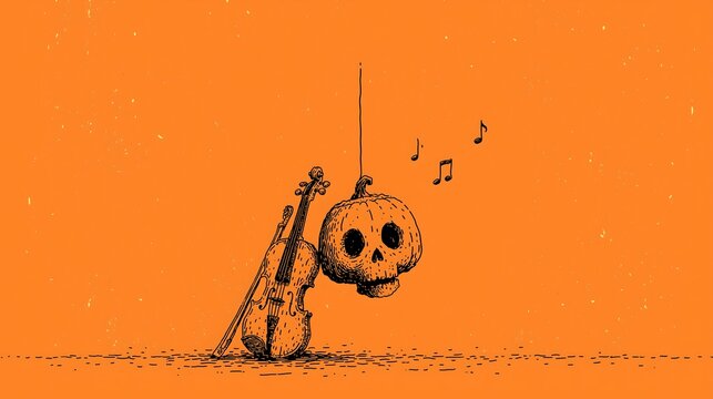 Halloween music poster with a hand drawn violin and pumpkin skull and floating music notes on a textured orange background for spooky concert invitations
