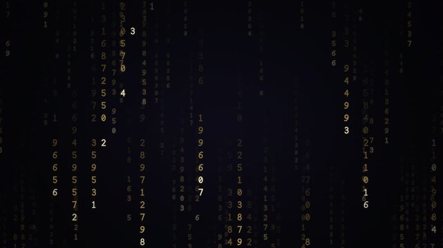 Black and gold digital rain of falling numbers and code streams, luxury premium data technology background, seamless loop