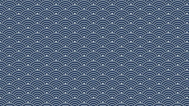 Traditional Japanese seigaiha wave pattern in white on indigo blue slowly flowing, wagara textile design, seamless loop