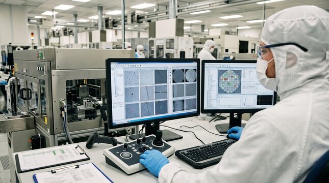 Semiconductor Cleanroom Engineer Analyzing Wafer Defect Maps and Optical Inspection Data