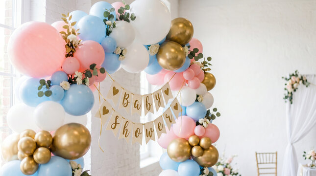 Pastel balloon arch with baby shower banner in bright party room. Baby shower celebration and welcome baby event. Gender reveal party decor. Festive celebration, copy space
