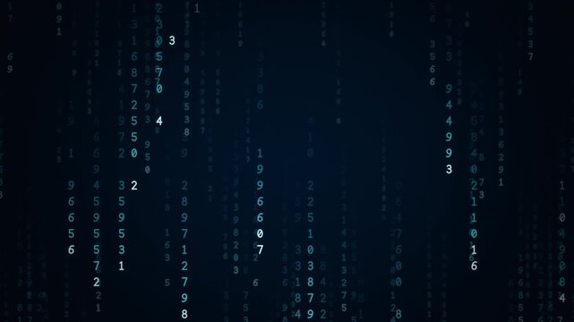 Deep ocean blue and aqua digital rain of falling numbers and code streams, cool data technology background, seamless loop