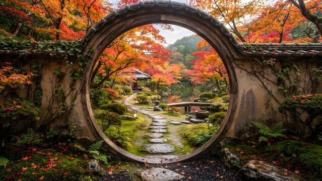 Circular Garden Gate Framing a Pond, Stone Path, and Colorful Trees