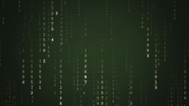 Olive green and khaki digital rain of falling numbers and code streams, earth tone eco data technology background, seamless loop