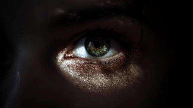 Green Eye Stare Close Up Reveals Intricate Iris Detail in Dramatic Shadow and Light