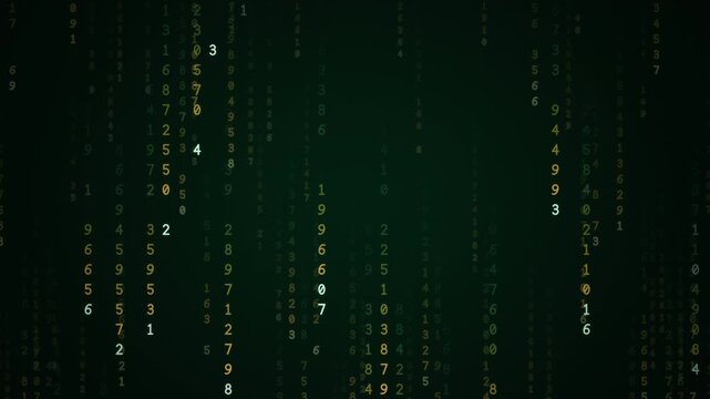 Green and gold digital rain of falling numbers and code streams, classic electronics data technology background, seamless loop