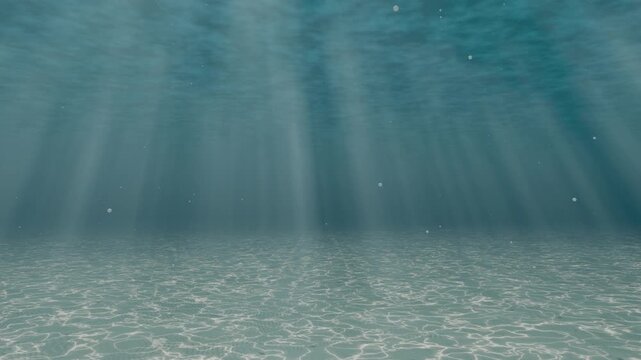 Sun rays streaming down through clear blue water onto a sandy sea floor with shimmering light caustics, 3D render